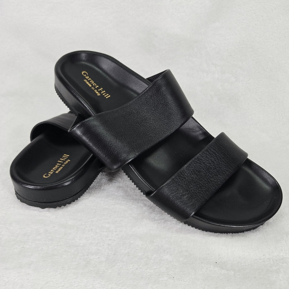 Garnet Hill Slide Sandals Womens 7 Black Leather Double Strap Flat Italy Comfort